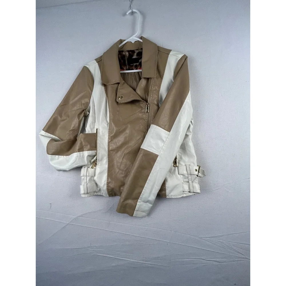 Steve Madden Tan Cream Colorblock Faux Leather Moto Jacket Gold Hardware Medium
